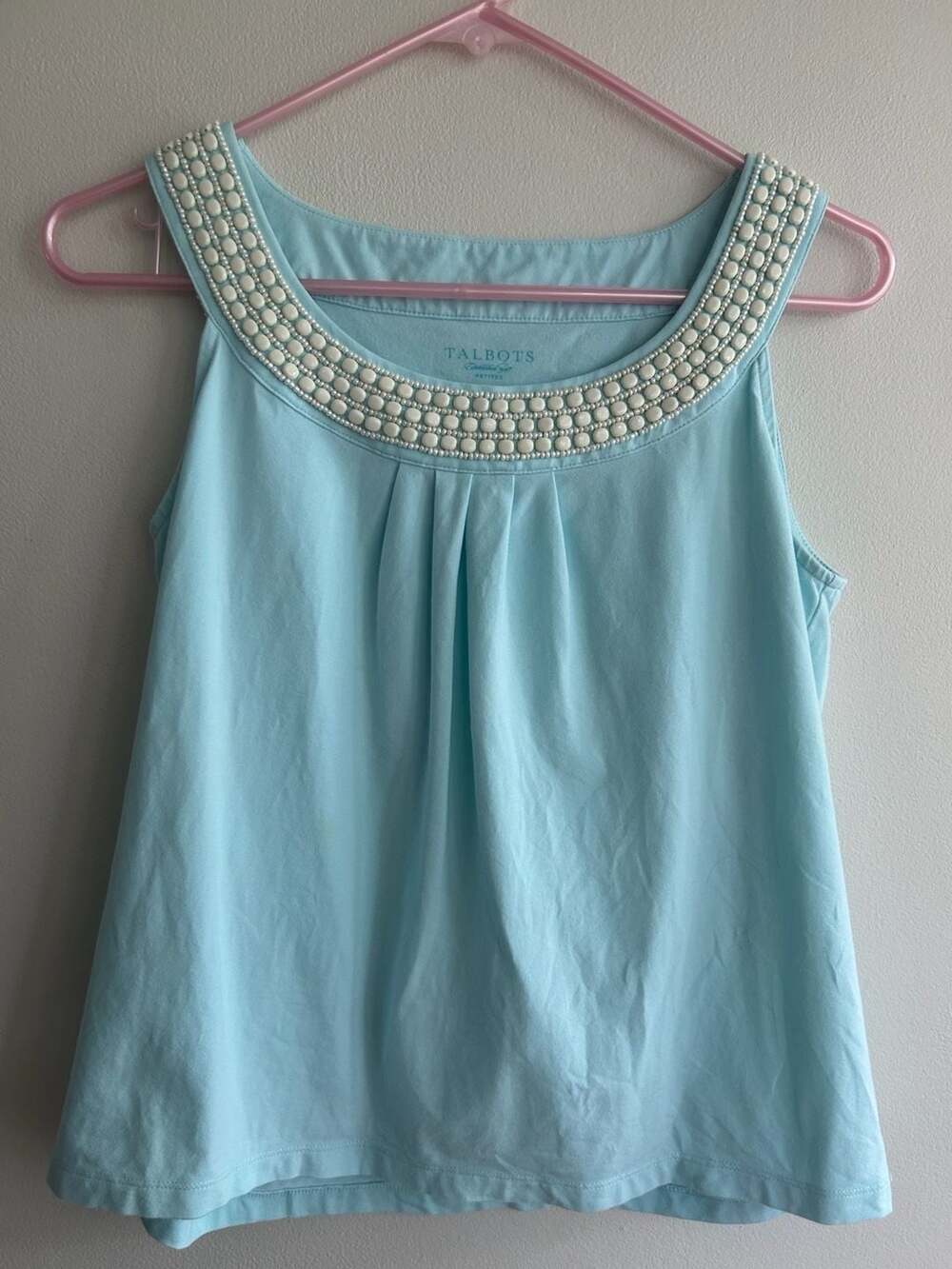 Talbots Sleeveless Turquoise Pleated White Beaded Trim Top Size S Petite